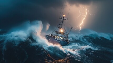 on a boat during a raging storm, with waves crashing against the vessel, rain lashing the deck, and dark storm clouds looming overhead, creating a scene of peril and survival.