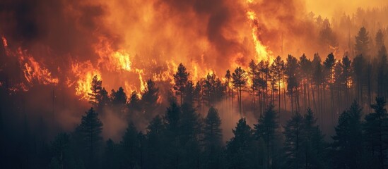 Large forest fire with dark smoke engulfing pine groves, causing trunk destruction and complete area coverage. - obrazy, fototapety, plakaty
