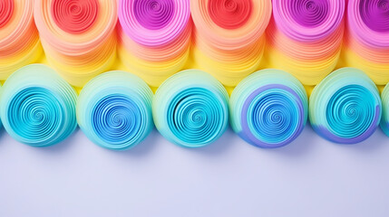 Colorful twisted rolls on a light purple background. Top view.