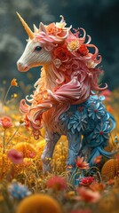 Fototapeta premium A unicorn with colorful hair standing in a field of flowers. Generative AI.
