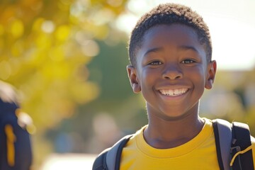 A young boy smiles while wearing a yellow shirt. Generative AI.