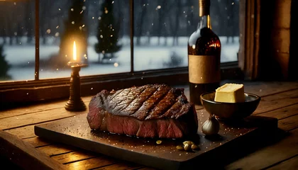 Zelfklevend Fotobehang steak on a wooden board, grilled steak, beef steak close up, copyspace, banner © P.W-PHOTO-FILMS