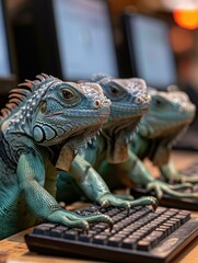 Fototapeta premium The lizard is sitting on the keyboard. Generative AI.