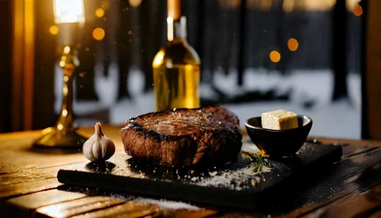 Foto op Canvas steak on a wooden board, grilled steak, beef steak close up, copyspace, banner © P.W-PHOTO-FILMS
