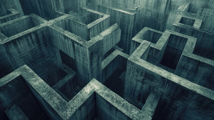 Vintage gloomy maze with old concrete walls, grungy dark endless labyrinth, grey surreal building. Concept of puzzle, problem, uncertainty, background, illustration, pattern, quest - obrazy, fototapety, plakaty