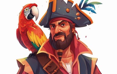Cartoon depiction of a charismatic pirate with a colorful parrot, featuring bold colors and a playful design..