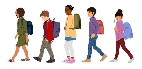 Set of boys and girls walking to elementary or middle school with backpacks side view. Collection of children different ages and ethnicities vector illustrations isolated on transparent background.