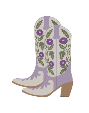 Cowboy boots. Traditional western lilac cowgirl boots decorated with embroidered blue flowers. Realistic vector art illustration isolated on transparent background. 