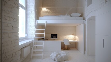 A serene and cozy white bedroom with a loft bed, complete with a workspace underneath, bathed in natural light from a nearby window.