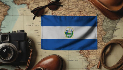 El Salvador flag lies on the map surrounded by camera, glasses, travel and tourism concept