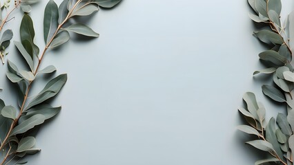Eucalyptus branches on light blue background, flat lay