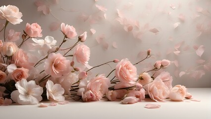 pink and white spring flowers on white background with copy space.
