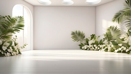 3D rendering of a modern living room interior with plants and flowers