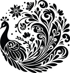 peacock, bird silhouette flowers ornament decoration, floral vector design. 