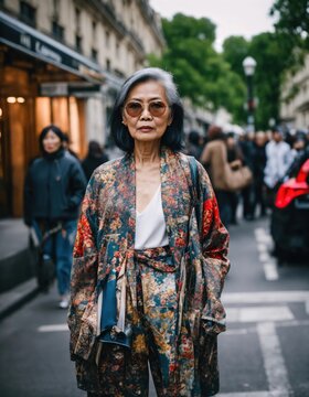 60 year old Asian female model in Paris Fashion Week. ai generative