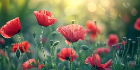 Bright red poppies blooming amidst lush greenery under the soft glow of sunlight.