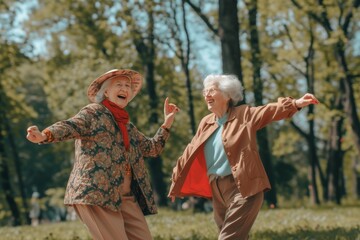 Fototapeta premium Two people dancing joyfully in a sunny park surrounded by green trees and grass.