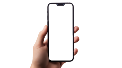 Hand holding Smartphone  as png photo and isolated on white background for your mobile phone app or web site design, logo Global Business technology