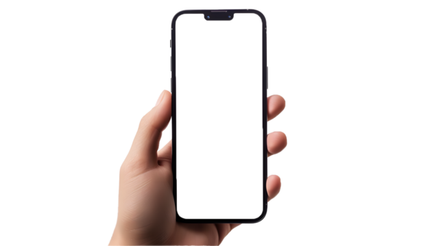 Hand holding Smartphone  as png photo and isolated on white background for your mobile phone app or web site design, logo Global Business technology
