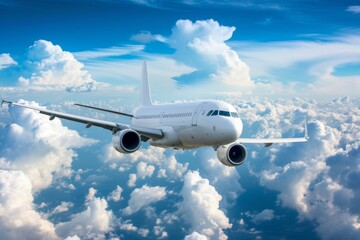 Fototapeta na wymiar A white airplane flying high amidst fluffy white clouds against a bright blue sky.