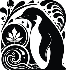 Obraz premium pinguin, bird silhouette flowers ornament decoration, floral vector design. 