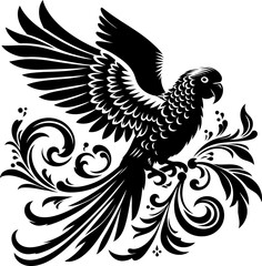 Obraz premium parrot, bird silhouette flowers ornament decoration, floral vector design. 