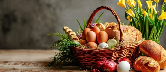 Easter food basket for church blessing, traditional Catholic European custom with eggs, onion, ham,...