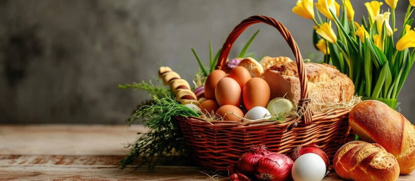 Easter food basket for church blessing, traditional Catholic European custom with eggs, onion, ham, and bread.