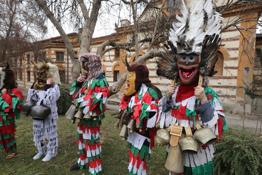 First masquerade festival "Djamala" in Kyustendil, Bulgaria. People with mask called Kukeri dance and perform to scare the evil spirits.