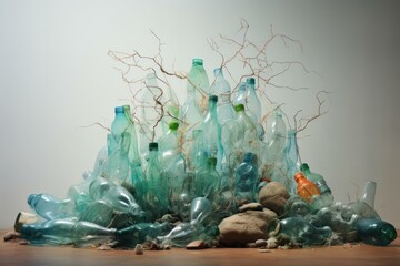 Non-degradable Plastic water bottle waste. Trash beach. Generate Ai