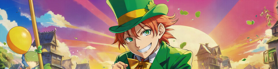 Illustration of anime leprechaun vertical banner young guy with green hat and lucky clover