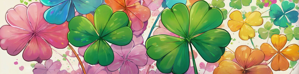 Illustration of colorful 4 leaf clovers horizontal banner st patrick's day lucky clover