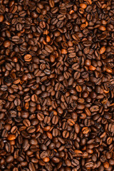 Coffee beans background. Top view. Coffee beans texture.