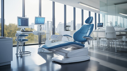 Bright and Clean Dental Office with an Unoccupied Modern Dental Chair.