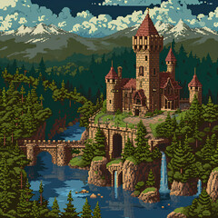 Pixel art game castle background - obrazy, fototapety, plakaty