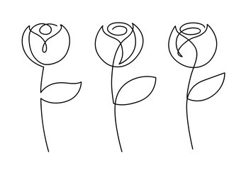 Pink flower bud set in continuous line art sketch style. Minimalist black linear design isolated on white background. Vector illustration