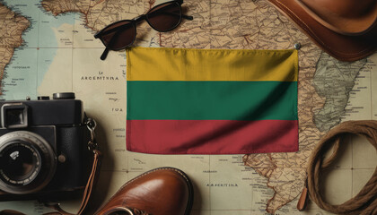 Lithuania flag lies on the map surrounded by camera, glasses, travel and tourism concept