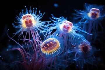 A group of jellyfishs floating on top of a body of water. Generative AI.