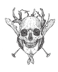 Surrealistic handdrawn skull with bones