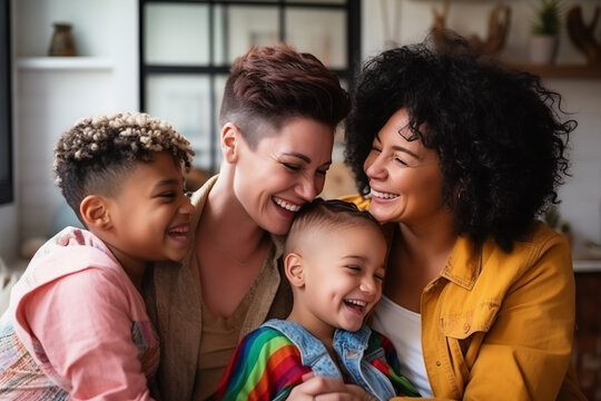 Loving LGBTQIA family moment filled with laughter, featuring two mothers and their children enjoying each other's company.. Concept of diverse childhood, parenthood, and motherhood.