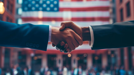 Professional business handshake in front of the American flag, symbolizing partnership and patriotic agreement, ideal for political campaign ads - obrazy, fototapety, plakaty