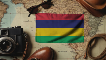 Mauritius flag lies on the map surrounded by camera, glasses, travel and tourism concept