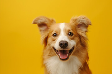 A cute happy dog in front of a vibrant yellow background