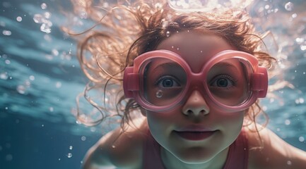 A young girl wearing goggles in the water. Generative AI.