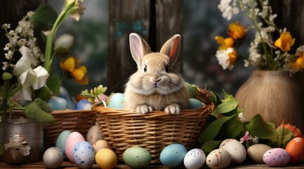 A bunny is sitting in a basket with eggs. Generative AI.