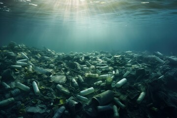 Fototapeta premium Polluted Plastic water bottles ocean sunlight. Garbage dirty. Generate Ai