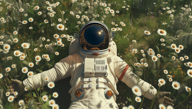 Astronaut returned to EARTH AFTER SPACE mission and just relaxing in space suit and helmet in the grass with beautiful chamomile flowers. Sci-Fi, ecology and human space traveling concept image. - Powered by Adobe