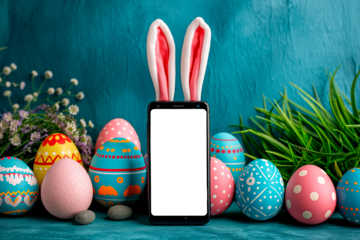 Smartphone com tela em png e fundo fotografico de pascoa com cenário colorido 