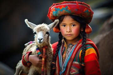 Obraz na płótnie Canvas Little Hispanic Girl in National Indians Costume with Pet Llama