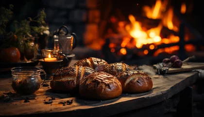 Papier Peint photo Lavable Pain Freshly baked bread on a rustic table, warmth fills the air generated by AI